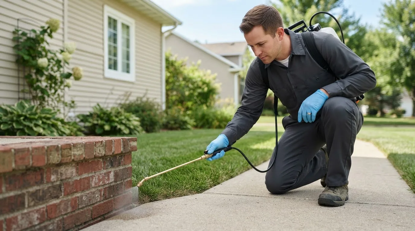 Pest control technician treating a home near Ecleto, TX