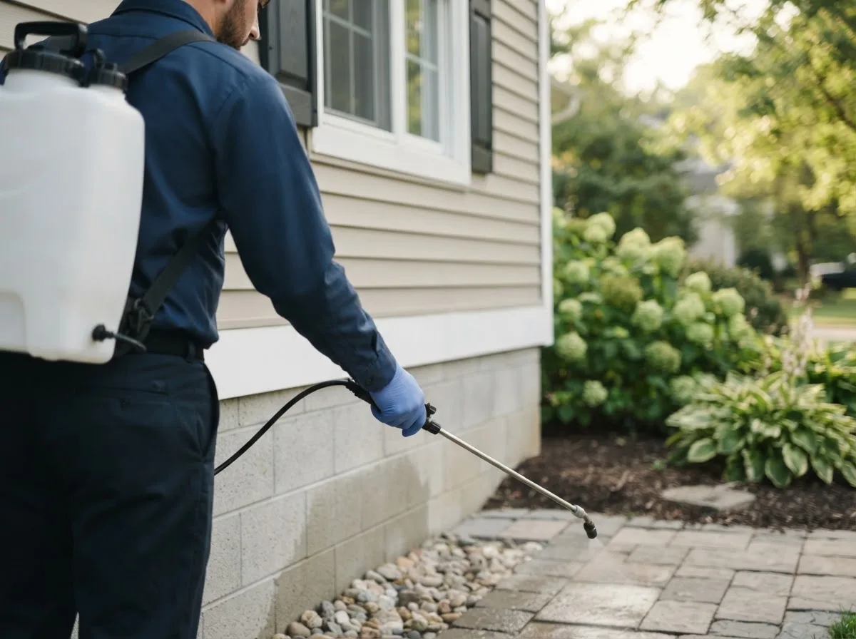 Pest control technician inspecting a home in Ecleto, TX